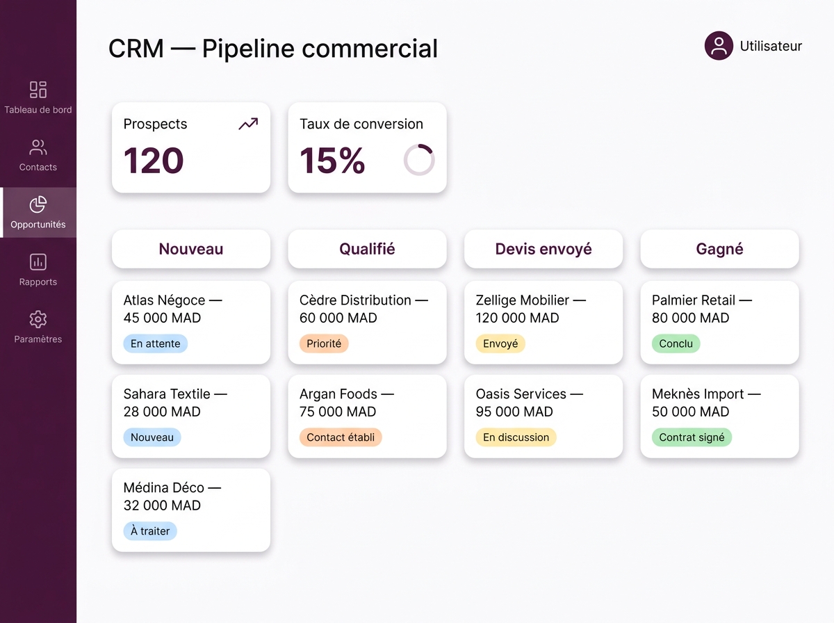 Tableau de bord CRM Odoo - pipeline commercial